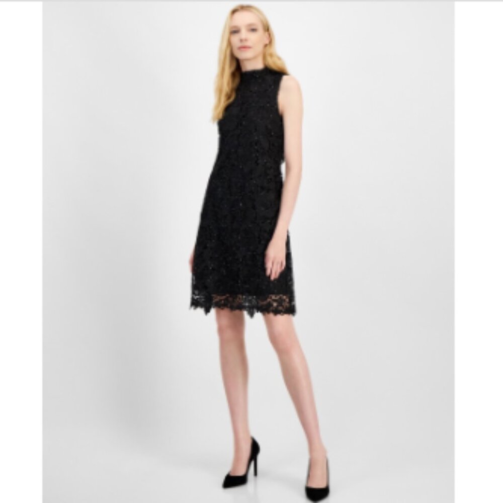 Robbie Bee Women's Floral Lace Tie-Back Shift Dress - Blk